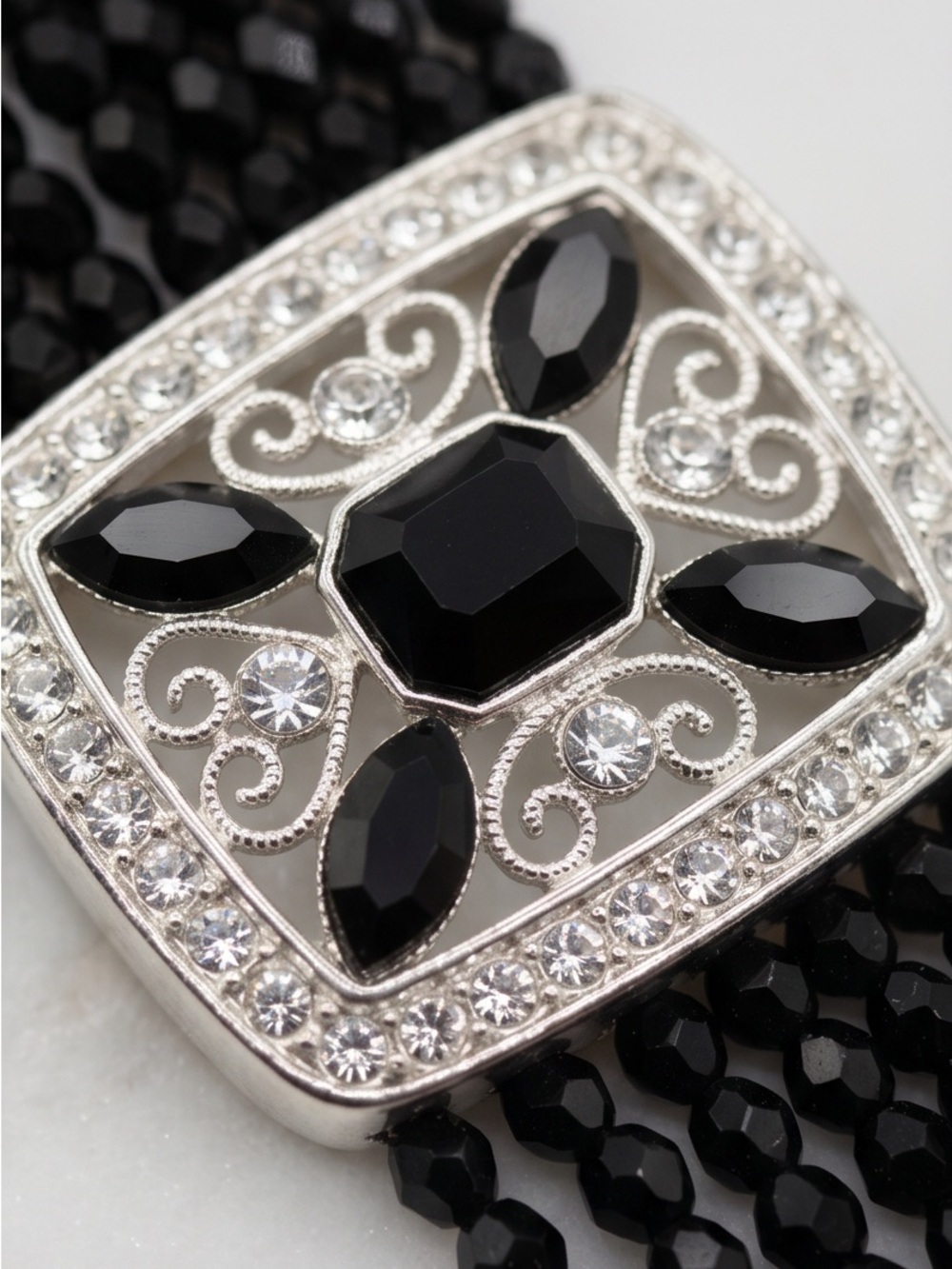 Vintage Napier Art Deco Multi Strand Bracelet Faceted Black Stones Cuff Style